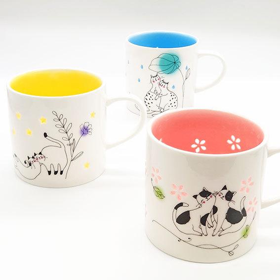 にゃん屋 蛍彫り マグカップ ネコ ねこ 猫 ピンク 黄色 イエロー 青