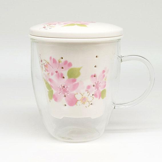 セラミック藍 華みさと 蓋付き 耐熱ガラス マグカップ 桜 花柄 茶こし