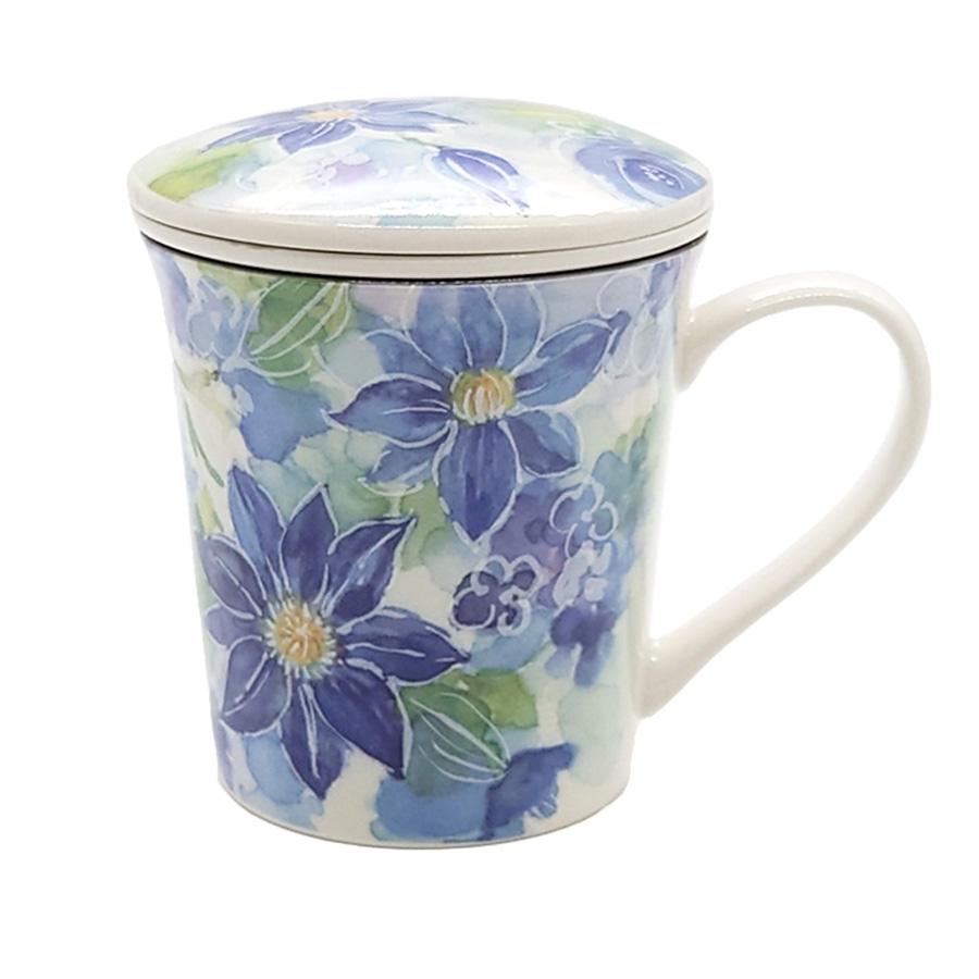 ＆藍 蓋付き マグカップ 陶器 茶こし付き 花あわせ クレマチス ブルー