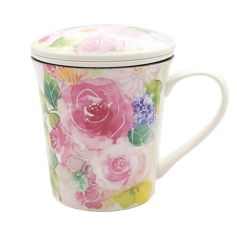＆藍 蓋付き マグカップ 陶器 茶こし付き 花あわせ バラ ピンク