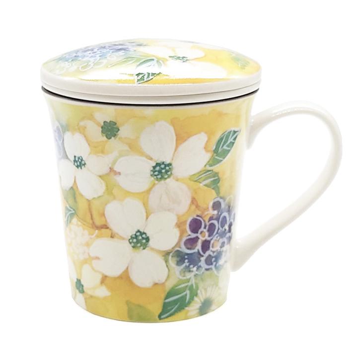 ＆藍 蓋付き マグカップ 陶器 茶こし付き 花あわせ ハナミズキ 黄色