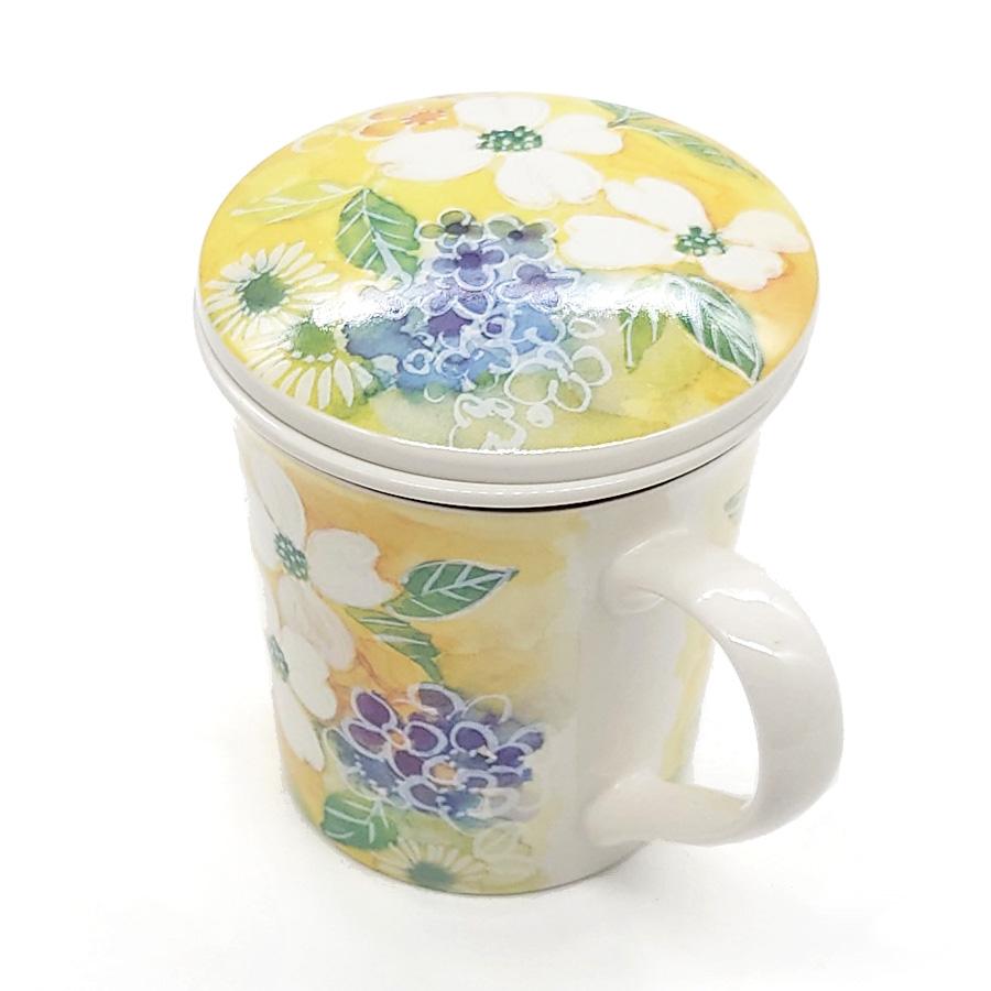 ＆藍 蓋付き マグカップ 陶器 茶こし付き 花あわせ ハナミズキ 黄色