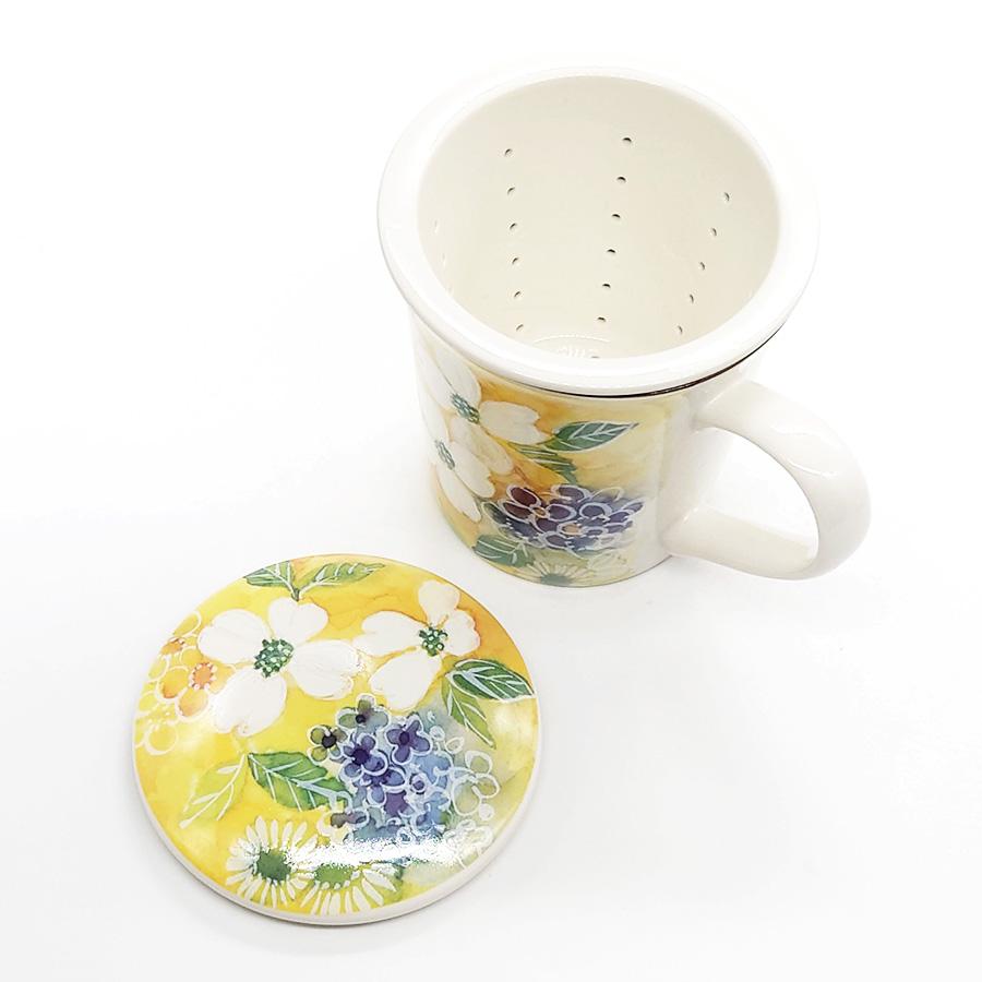 ＆藍 蓋付き マグカップ 陶器 茶こし付き 花あわせ ハナミズキ 黄色