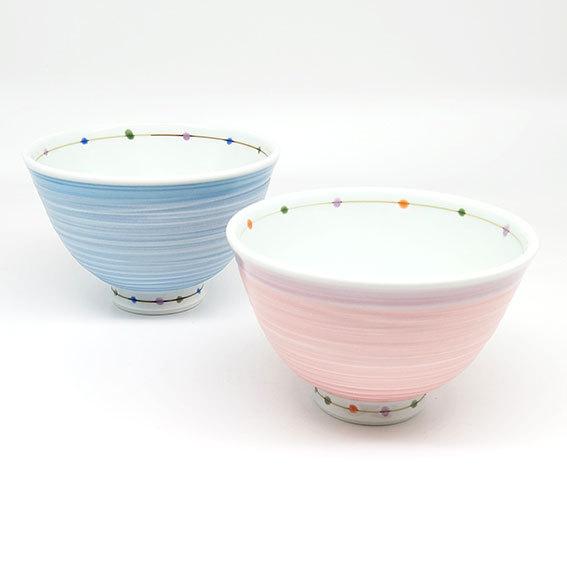 陶器製 飯碗 20個セット 白青ピンク 波佐見焼 茶碗 ペア カラードット 軽量 夫婦茶碗 結婚祝い おしゃれ