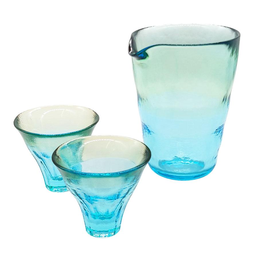 津軽びいどろ 冷酒セット 酒器 ガラス 二色 冷酒グラス 盃 徳利 日本製