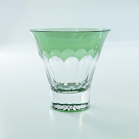 東洋佐々木ガラス 八千代切子 万華鏡 冷酒杯 菊柄 緑 85ml 色被せ 切子