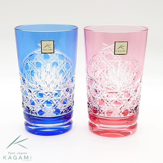 初売り 笹っ葉に八角籠目紋 Kagami 御祝い 江戸切子 記念品 おしゃれ ペアタンブラー ペアグラス 赤青 カガミクリスタル 木箱入 結婚祝い 食器 グラス カトラリー