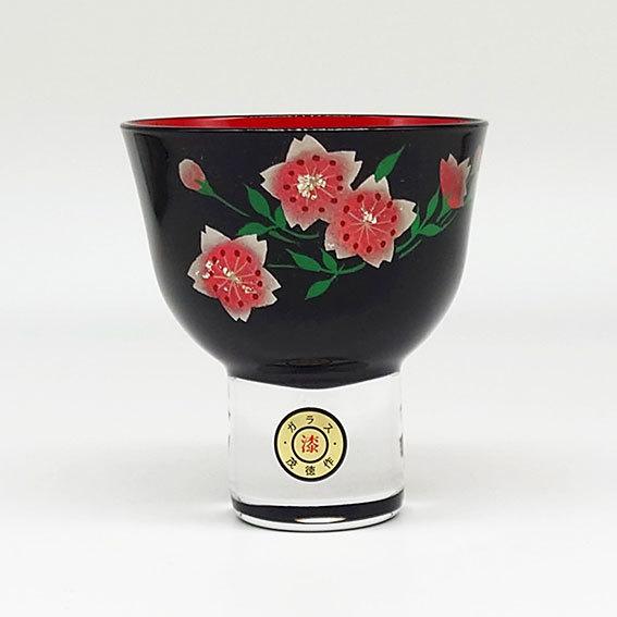 ガラス蒔絵 ぐい呑み 山桜 黒内朱 会津塗 ガラス漆 手描き 冷酒杯 盃