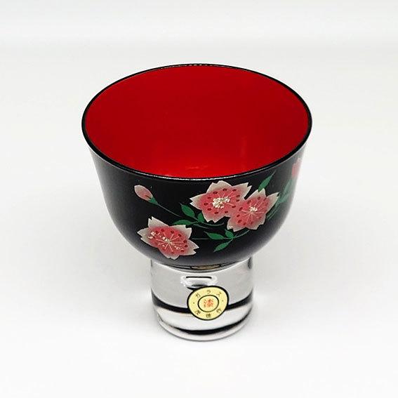新品未使用　会津漆器　ガラス蒔絵 カトレアグラス (黒内朱・朱)ペアセット ガラス蒔絵 ぐい呑み 山桜 黒内朱 会津塗 ガラス漆 手描き 冷酒杯 盃