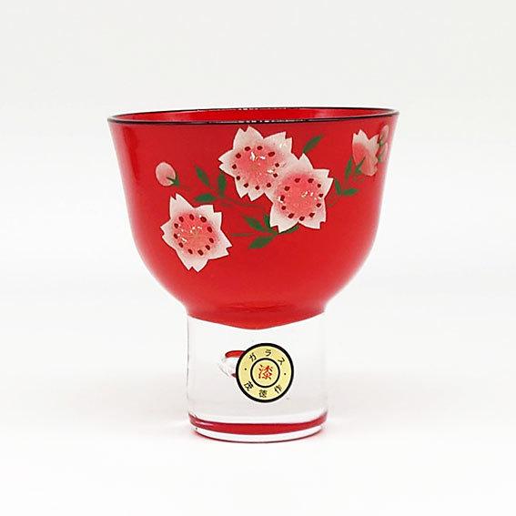 ガラス蒔絵 ぐい呑み 山桜 朱 会津塗 ガラス漆 手描き 冷酒杯 盃 和