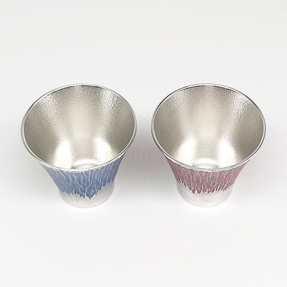 錫 酒器 大阪錫器 ぐい呑 ペア 富士山 赤青 木箱入 日本製 伝統工芸品  