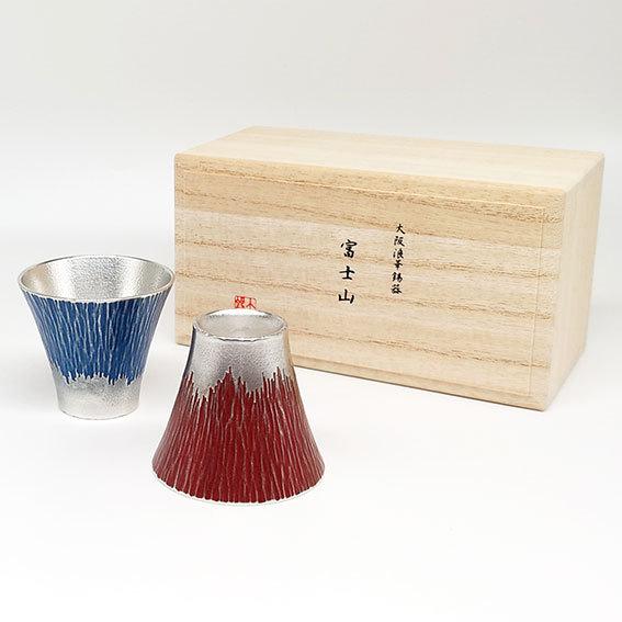 錫 酒器 大阪錫器 ぐい呑 ペア 富士山 赤青 木箱入 日本製 伝統工芸品 