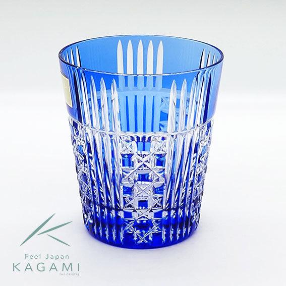 カガミクリスタル　五本溝に四角籠目紋　焼酎グラスブルー KAGAMI カガミクリスタル 江戸切子 ロックグラス 五本溝に四角籠