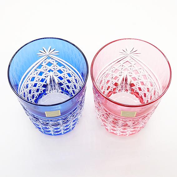 江戸切子／カガミクリスタル　”八角籠目紋”　ペア懐石杯 カガミクリスタル 江戸切子 八角籠目 紋 ペア冷酒杯 赤青 - 土岐陶器本店