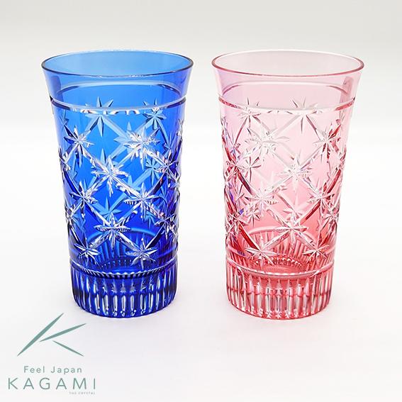 KAGAMI カガミクリスタル 江戸切子 ペアスリムグラス 星繋ぎ紋 赤青 木  