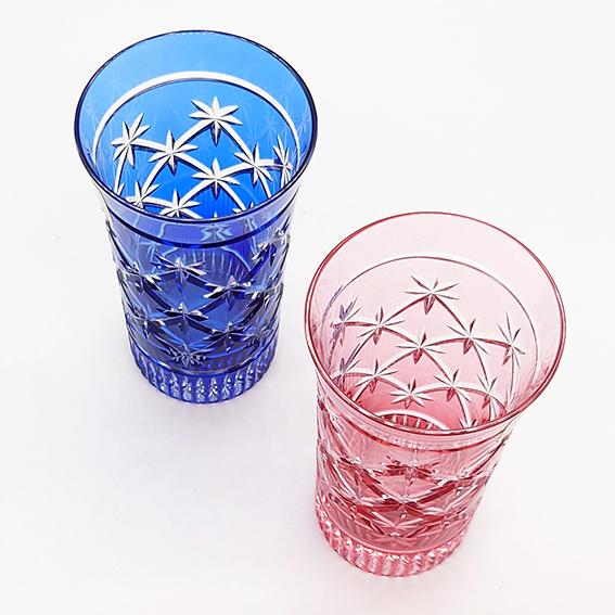 KAGAMI カガミクリスタル 江戸切子 ペアスリムグラス 星繋ぎ紋 赤青 木 