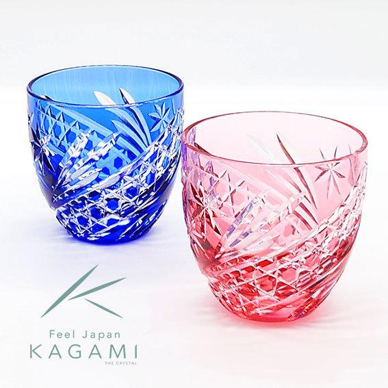 KAGAMI カガミクリスタル 江戸切子 ペア冷酒杯 星芒 赤青 木箱入