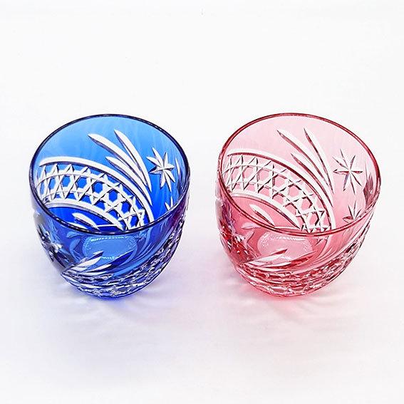 KAGAMI カガミクリスタル 江戸切子 ペア冷酒杯 星芒 赤青 木箱入