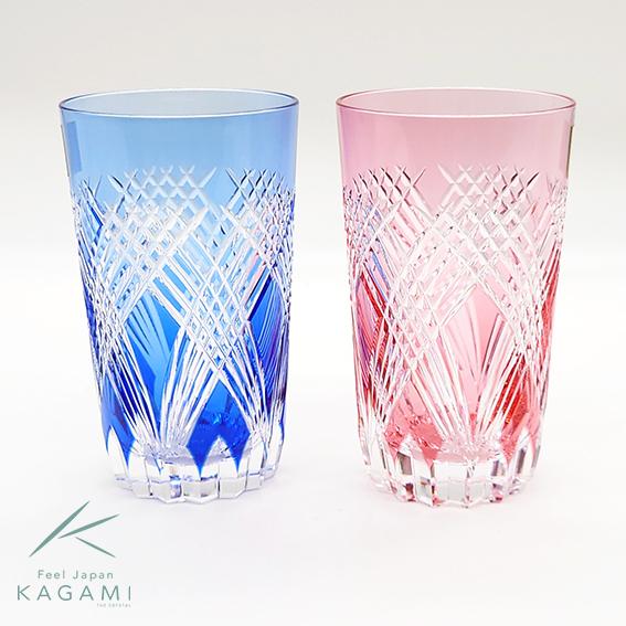江戸切子 kagami 木箱入 ペアタンブラー KAGAMI カガミ 江戸切子 ペアタンブラー 斜格子紋 赤青 木箱入