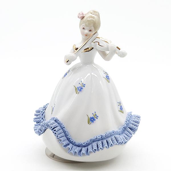 レース人形オルゴール、バイオリン ニデックインスツルメンツ 陶器 レース 人形 オルゴール バイオリン