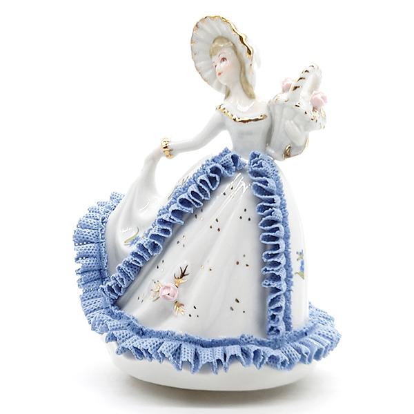 ニデックインスツルメンツ 陶器 レース 人形 オルゴール 花 ブルー 青