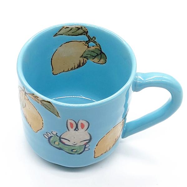 夕立窯 レモンとうさぎ マグカップ トルコブルー 陶器 和食器 焼き物