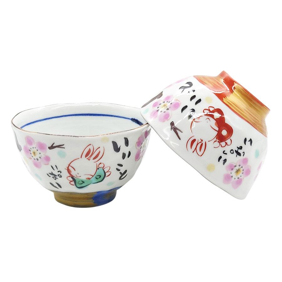手描き陶器の装飾容器 夕立窯 雅びなうさぎ 飯碗 ペア 夫婦茶碗 うさぎ 日本製 陶器 焼き物