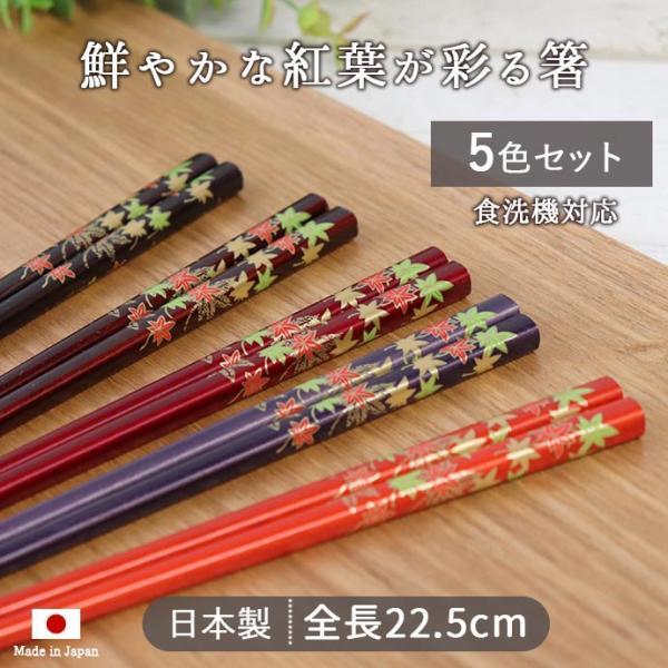 箸 おしゃれ 日本製 5膳組 抗菌 食洗機対応 もみじ塗箸 5色set 22.5cm
