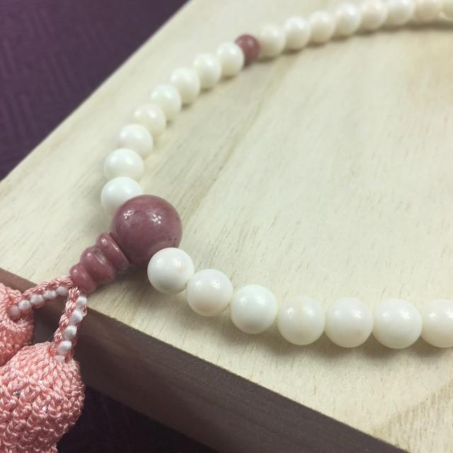 数珠 女性用 念珠 一連 略式 白サンゴ 正絹頭房 サンゴピンク : 仏壇