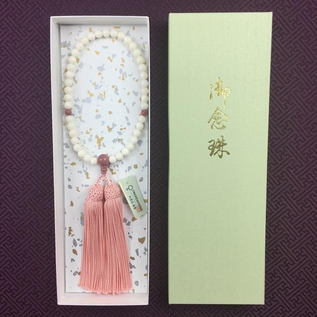 数珠 女性用 念珠 一連 略式 白サンゴ 正絹頭房 サンゴピンク : 仏壇