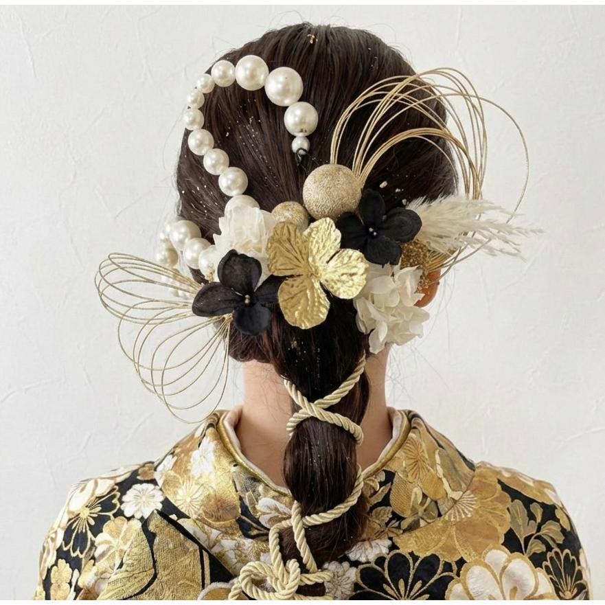 パールチェーンとゴールドブラックの髪飾り 水引き 金箔シート 髪飾り