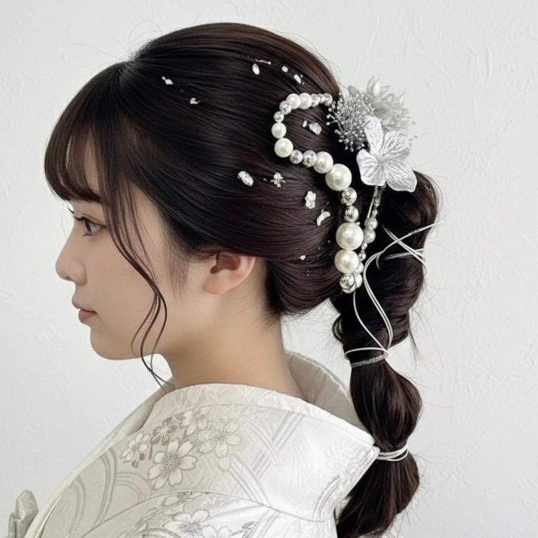 【no様】専用　オーダー髪飾り 成人式 髪飾り シルバーパールミックス ランダムボールチェーン 水引き