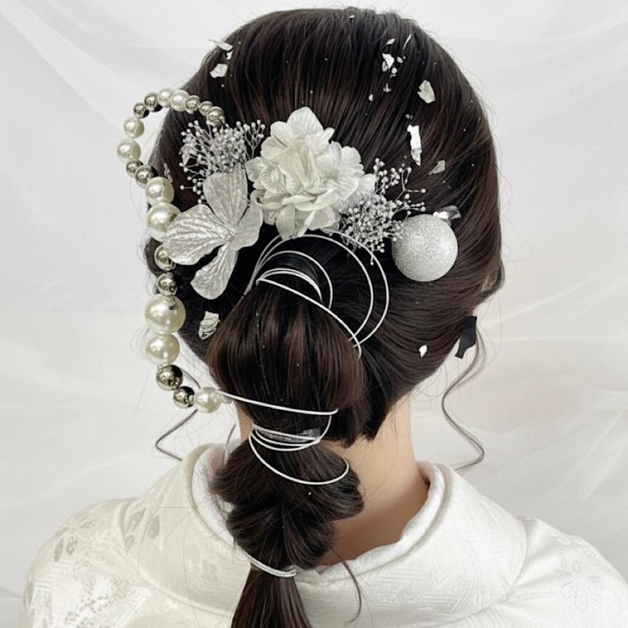 成人式 髪飾り シルバーパールミックス ランダムボールチェーン