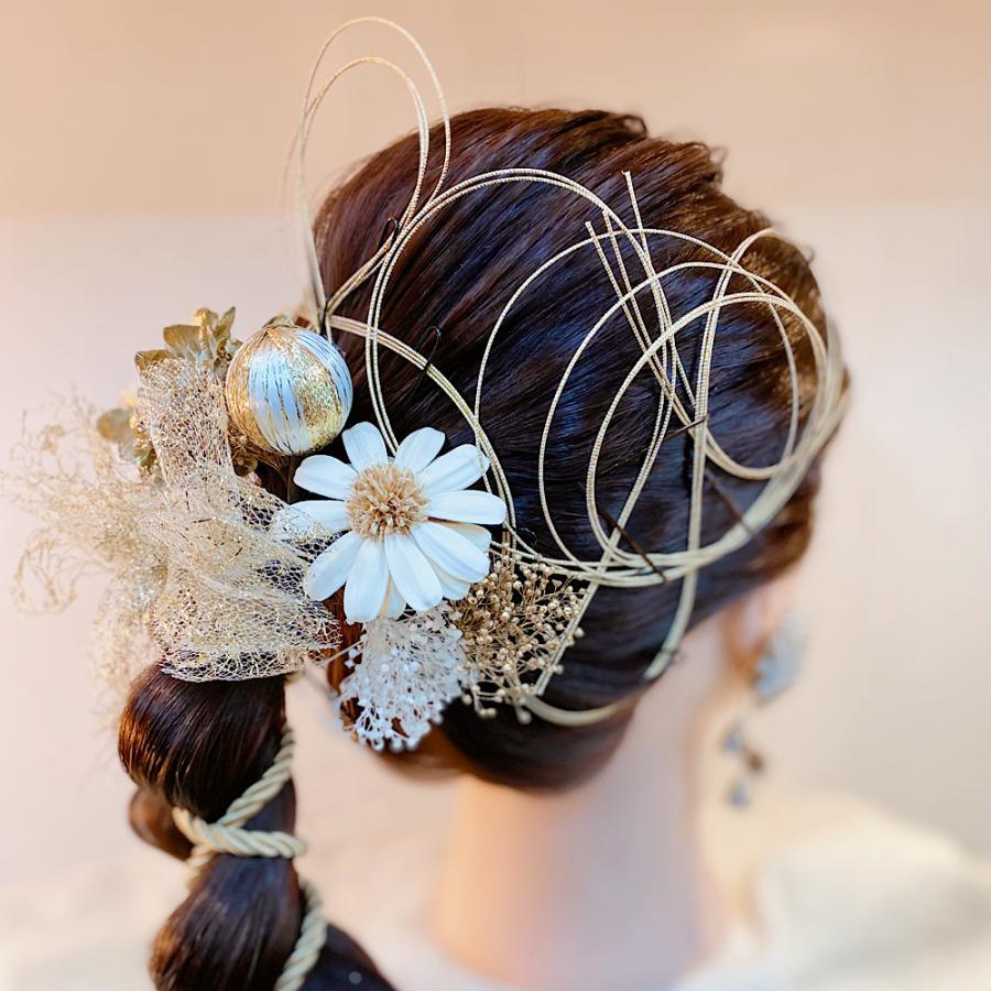 水引きマーガレット髪飾り 水引 水引き 金箔 紐 最安値 卒業式 成人式 ゴールド水引き ウエディング 袴