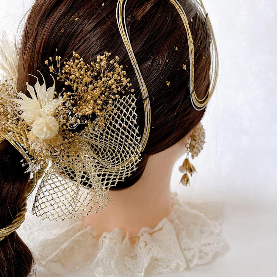 水引き髪飾り ナチュラルカラー 水引髪飾り ホワイト×ゴールド 編み