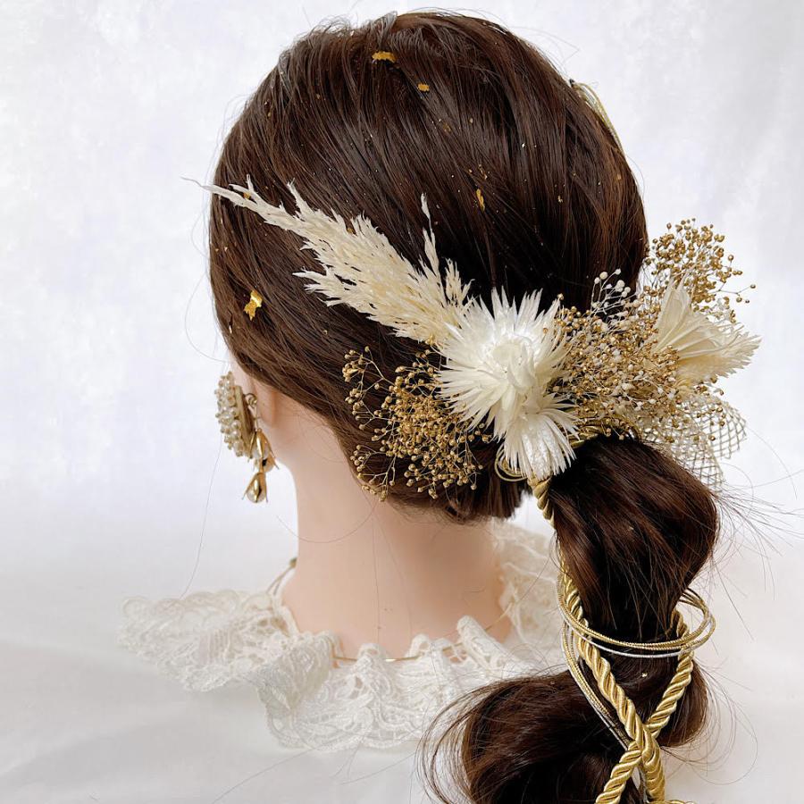 水引き髪飾り ナチュラルカラー 水引髪飾り ホワイト×ゴールド 編み