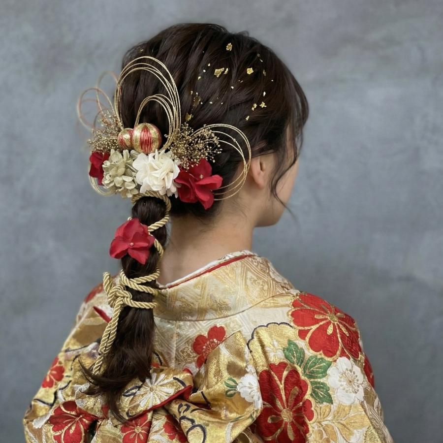 髪飾り レッド×ゴールド 水引き 金箔シート 髪飾り 成人式 卒業式