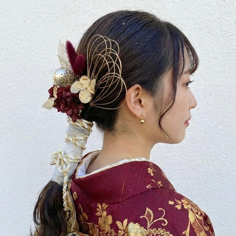 髪飾り 成人式髪飾り ボルドー×ゴールド 水引き髪飾り 髪飾り 成人式