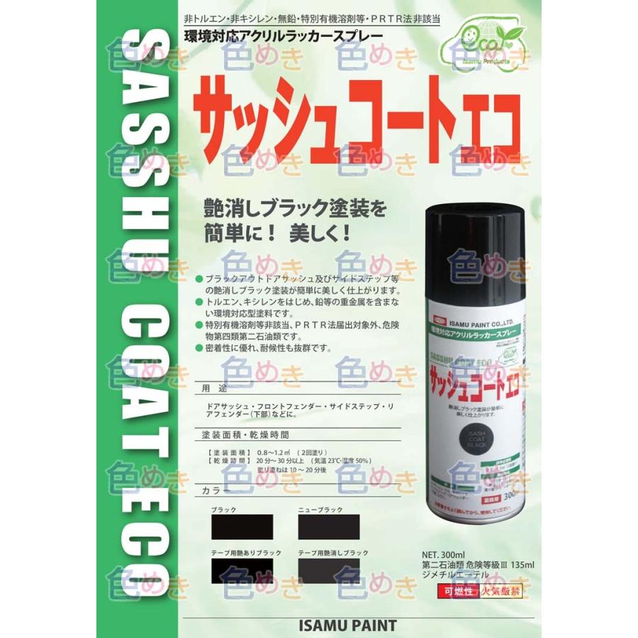 イサム塗料 サッシュコートエコ テープ用艶消 300mL アクリルラッカー スプレー ブラックアウト 艶消しブラック フェンダー 特化則 ワイパー｜iromeki｜02