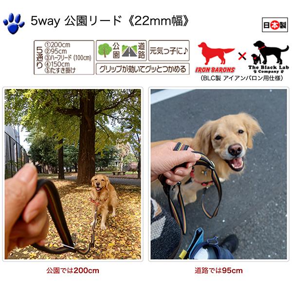 Peruvian Gold スペイン製 高級ハンドメイド犬用リード(2m) 大型犬用）5way 公園リード《22mm幅》（BLC製 アイアンバロン用仕様