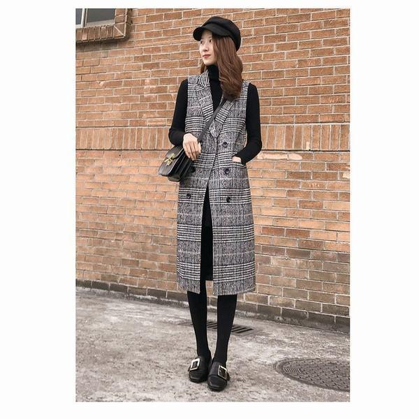 値引きする トップス レディース レディースベスト 千鳥格 ロング丈ベスト ロングジレ チェック柄 前開き カーディガン レディース ポケット付き アシンメトリー ワンピース Psicanalise Sp Com Br