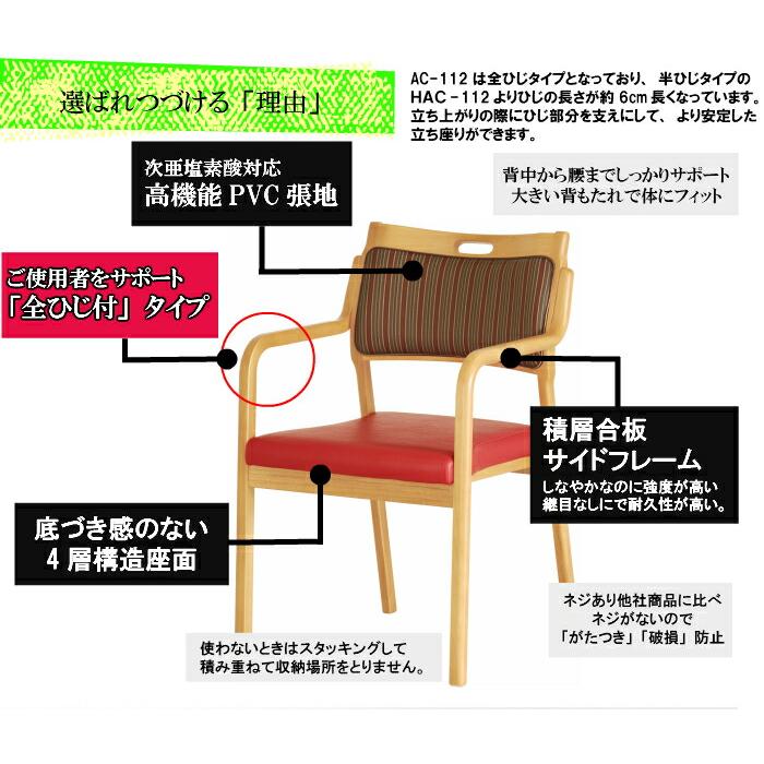 送料無料 介護施設・高齢者向け木製スタッキングチェア ライトブラウン Care-AC-112 全ひじ付 ストライプレッド 超軽量仕様 高機能PVC 安心の強度 |  | 02