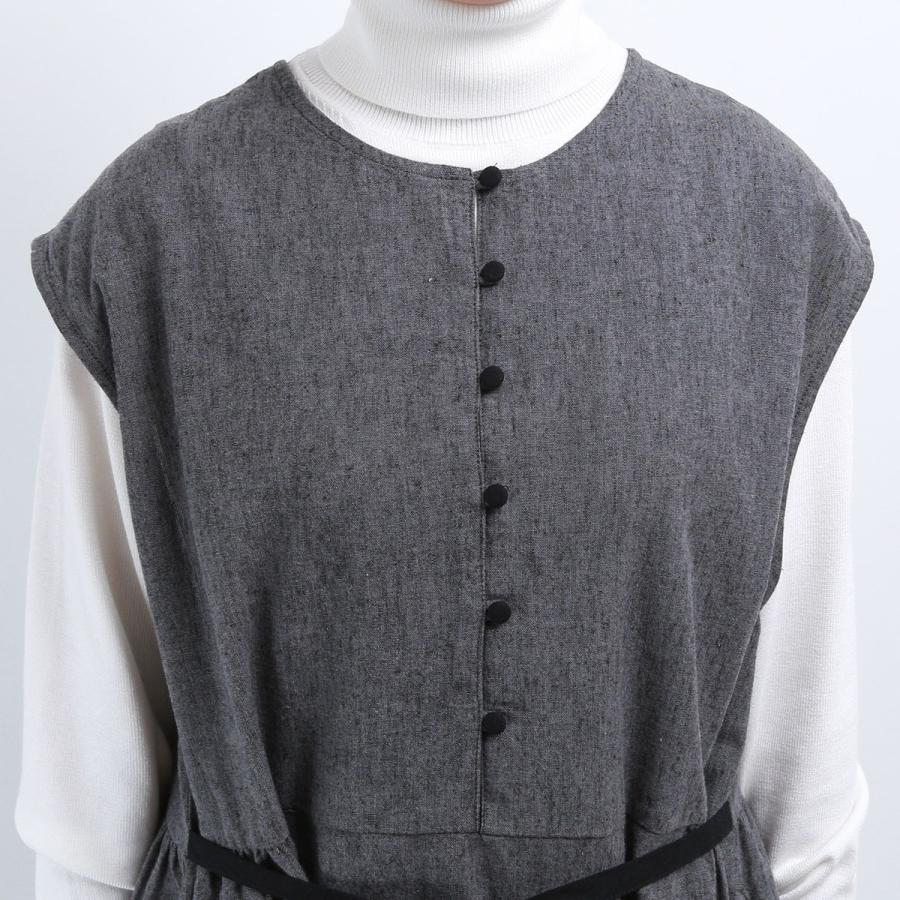 blue willow コットンリネン平織り無地起毛ボタン配色リボンワンピース