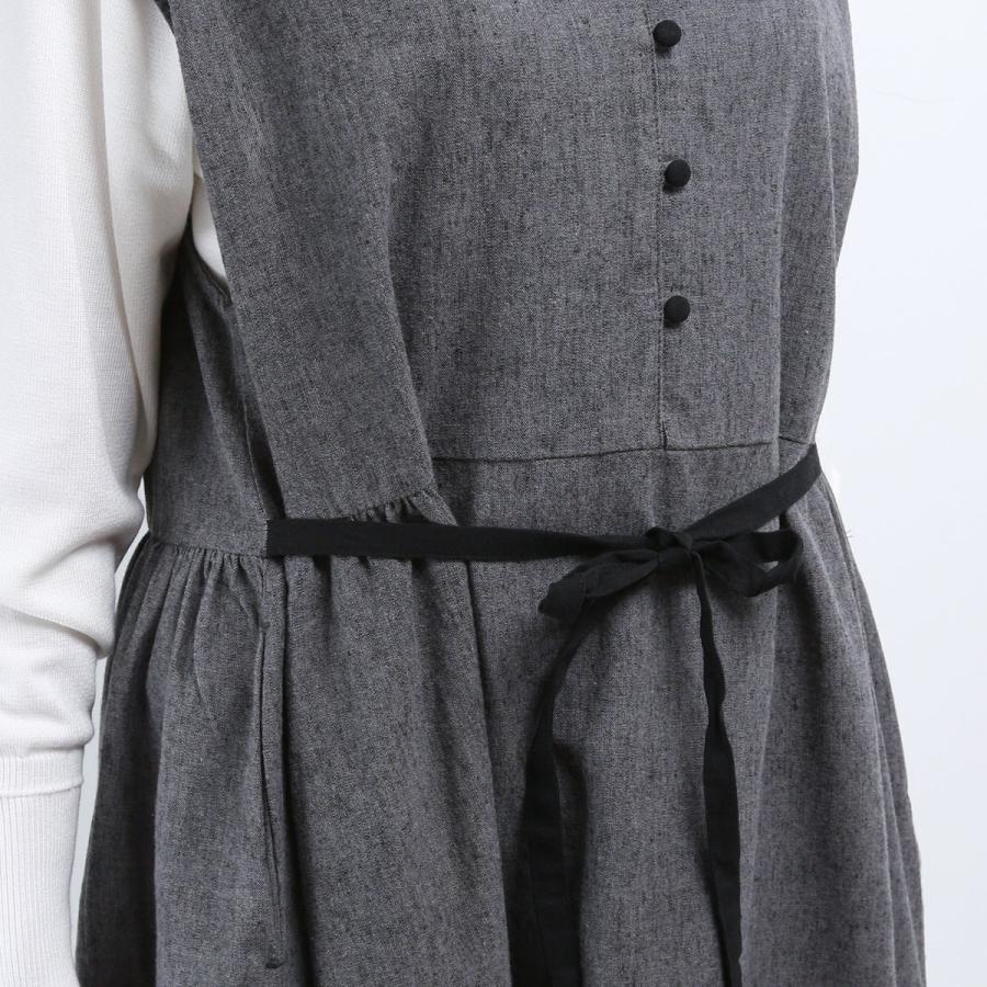 blue willow コットンリネン平織り無地起毛ボタン配色リボンワンピース