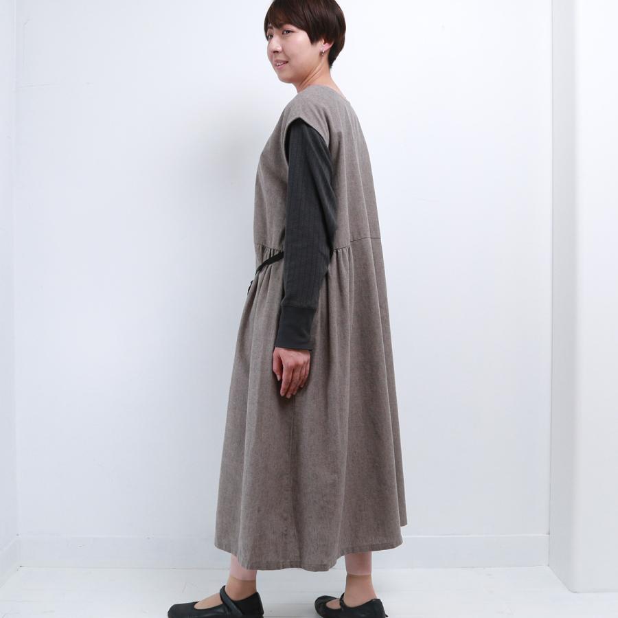 blue willow コットンリネン平織り無地起毛ボタン配色リボンワンピース