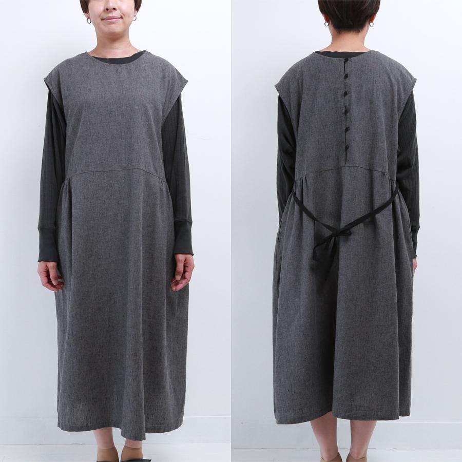 blue willow コットンリネン平織り無地起毛ボタン配色リボンワンピース