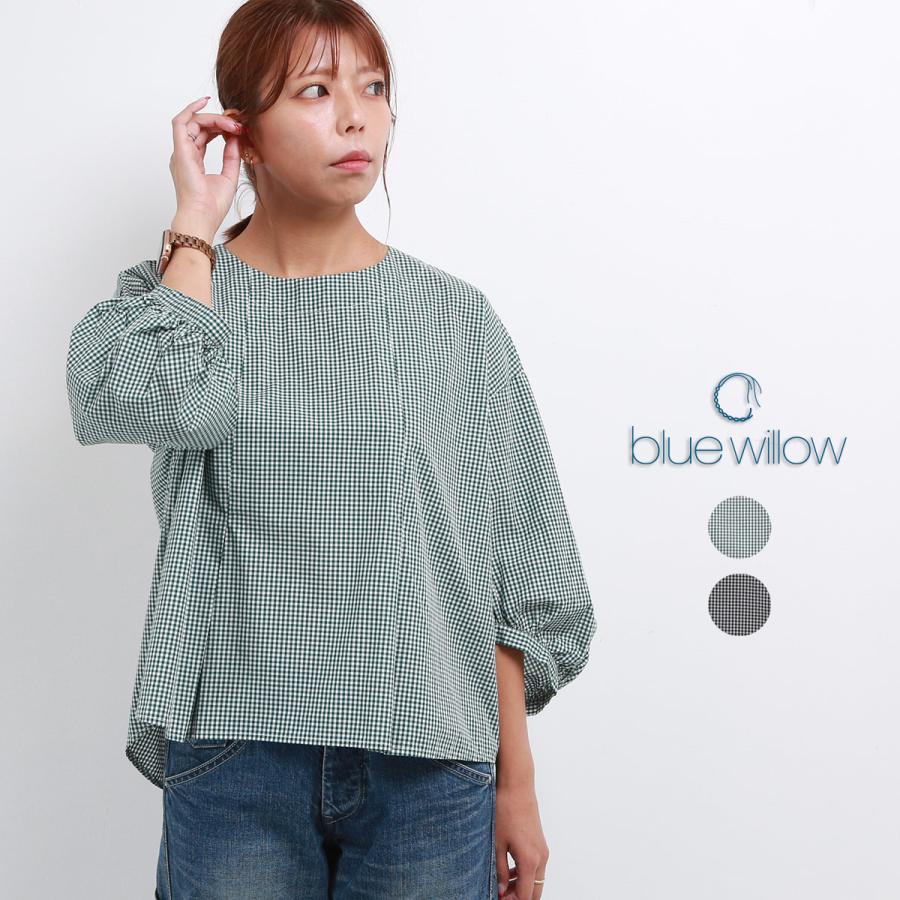 blue willow コットンギンガムチェックタックブラウス レディース 