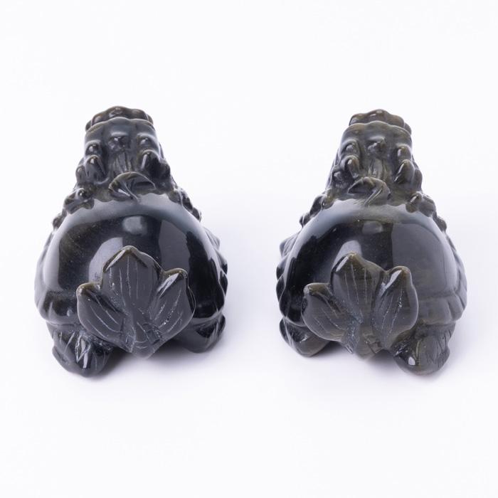 オブシディアン 彫刻 龍亀（ロングイ） ペア （ゴールデン 