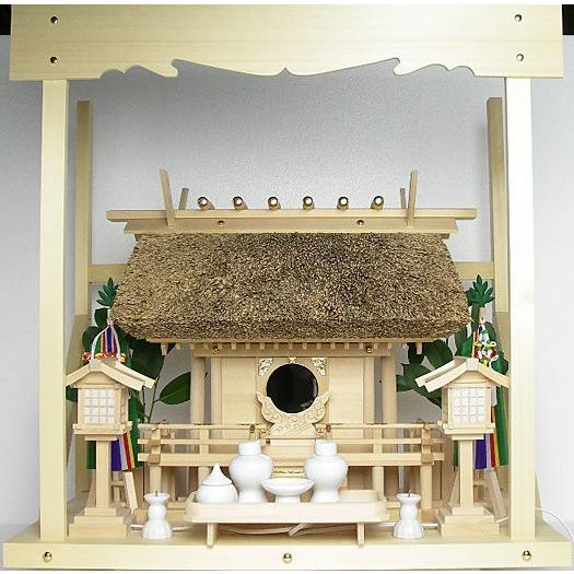 神棚 茅葺一社宮（K-2）+神具セット（フル・中）+神棚板+雲板（中）のセット