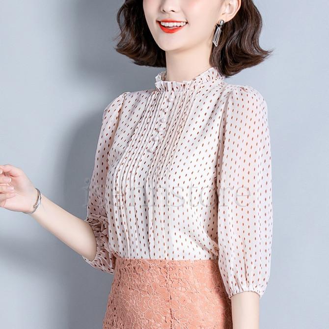 ブラウス シフォンシャツ 7分袖 フリル ドット柄 レディース トップス 